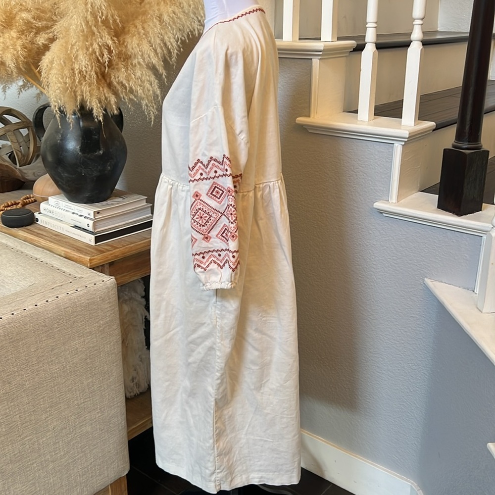 Madewell Linen Blend Embroidered-Sleeve Popover Midi Dress Size Small - Picture 6 of 9